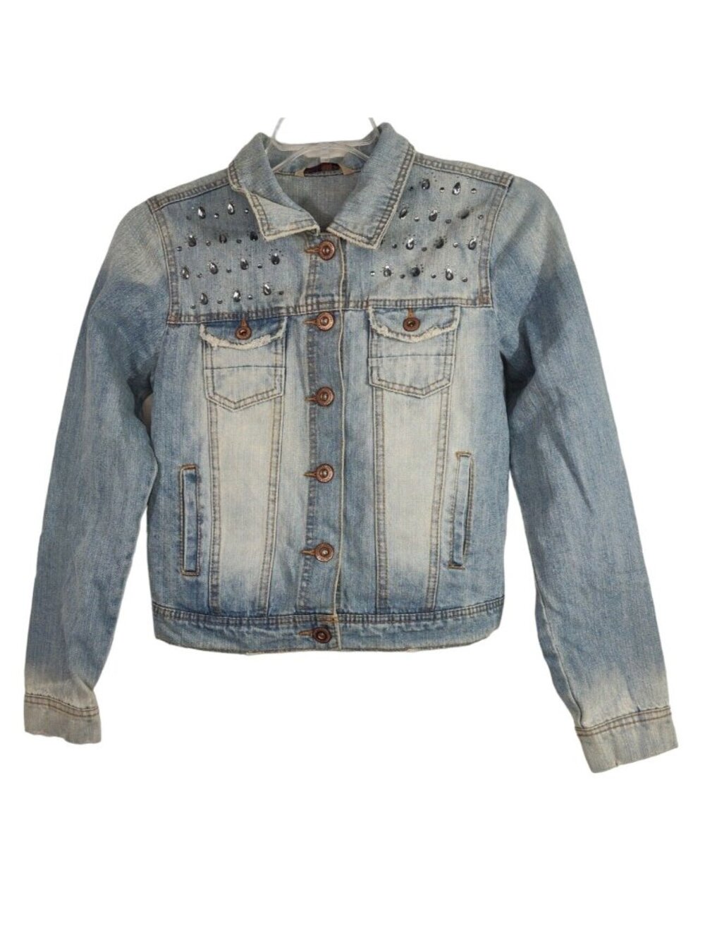 Highway Jeans Denim Button Up Jacket Women Size L Embellished Long Sleeve Pocket